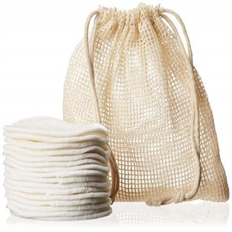 100% Organic Reusable Cotton Pads With Washable Laundry Bag Makeup Remover Pads