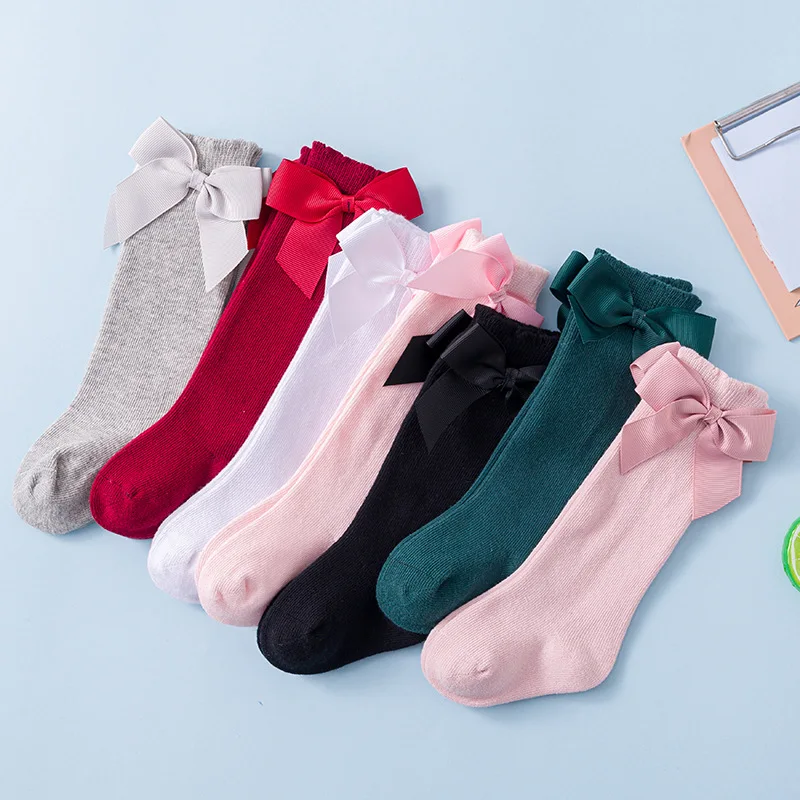 
Sweet Solid Color Bow Cotton Long Knee High Baby Kids Stocking Socks 