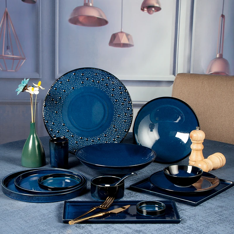 High Quality Blue Glazed Porcelain Dinnerware Set Wholesale Europe Luxury Fine Dishes & Plates Restaurant Ceramic Tableware