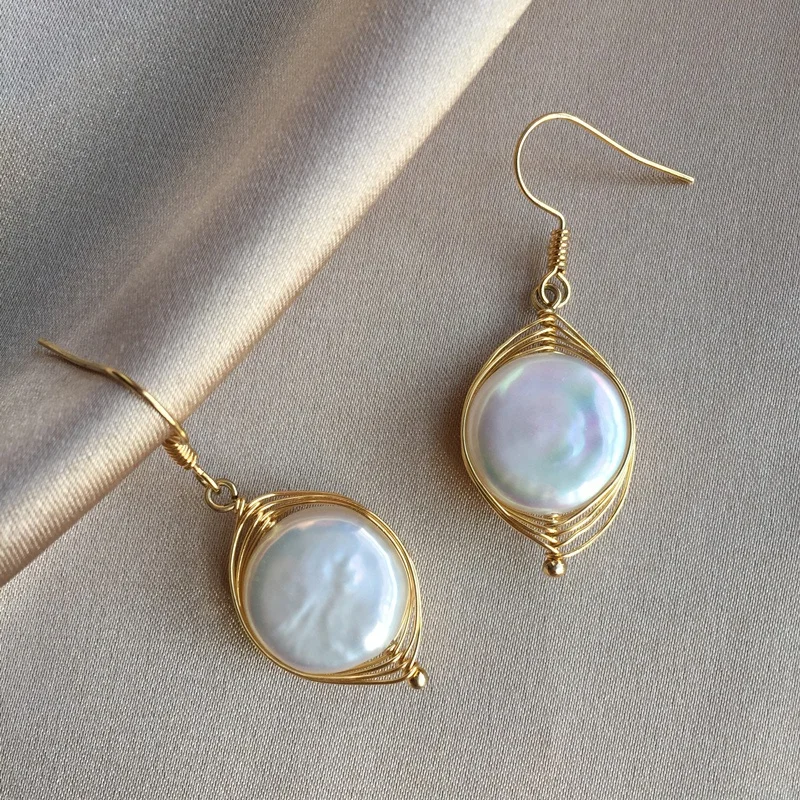 100% handwrap 14k gold filled culture fresh water 13-14mm large baroque coin pearl earring