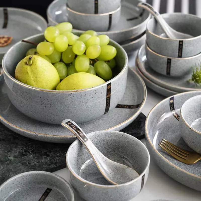 Hotel restaurant customized logo grey ceramic stoneware dinner set luxury plates sets dinnerware