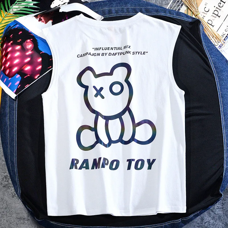 2022 custom reflective glow tee shirt Tank top  cotton Cartoon printing sleeveless t-shi loose street wear vest hip hop tshirt