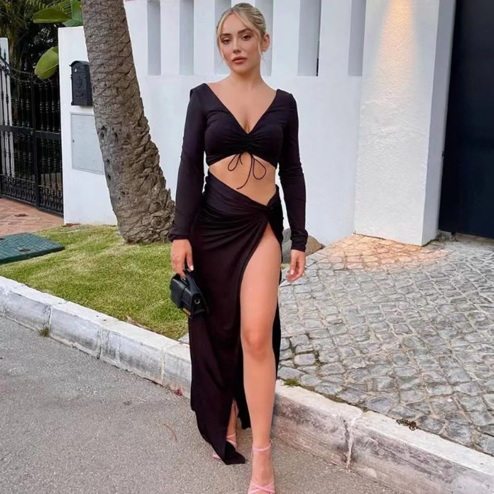 Hot selling long sleeve with long skirt  Womens 2 Piece Outfits Summer Floral Beach Crop and Side Slit Skirt