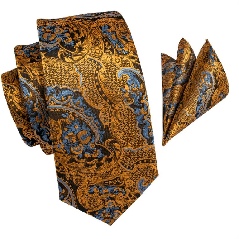 LELE Custom Design Luxury 100% Silk Ties Men Floral Black Gold Paisley Necktie Set For Men