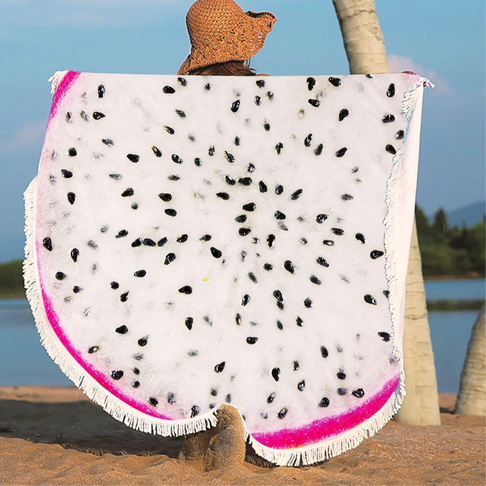 Trendy Watermelon Kiwi Print Fruit Oversize Round Thick Microfiber Beach Towel with Tassels