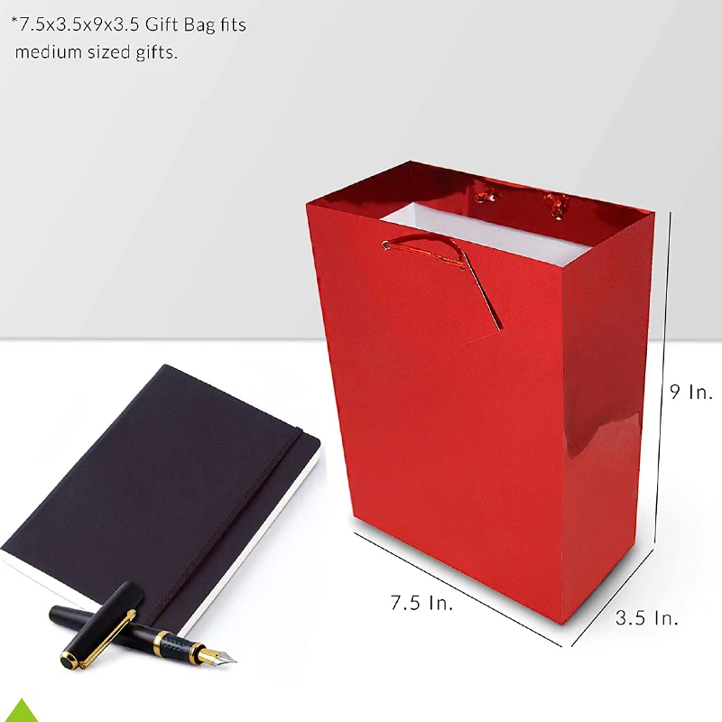multiple sizes red foil print design sturdy rope handles stylish gold card shopping holiday presents metallic bags