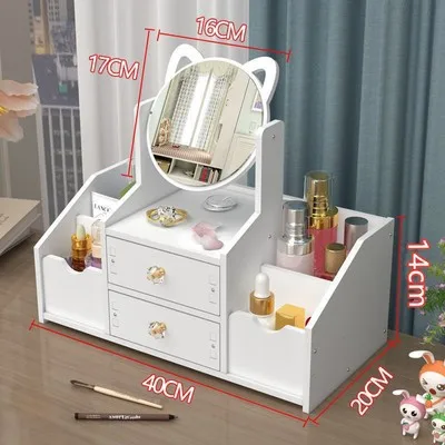 Multifunctional Wood Luxury white round mirror nordic cosmetic storage box makeup organizer with cat ears with Mirror