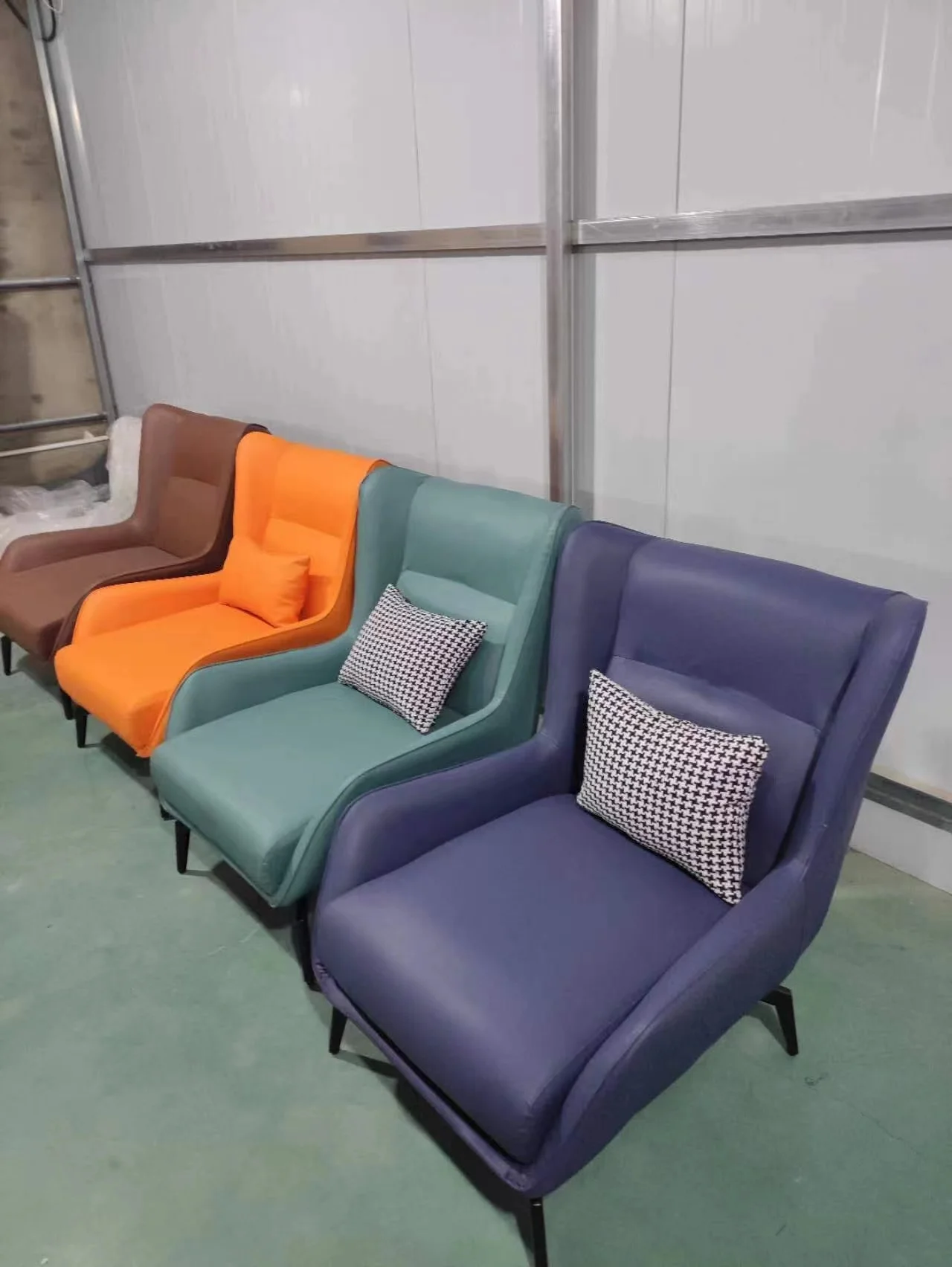 Modern simple armchair PU leather fabric iron frame for living room Nordic style leisure chair high back single sofa with stool