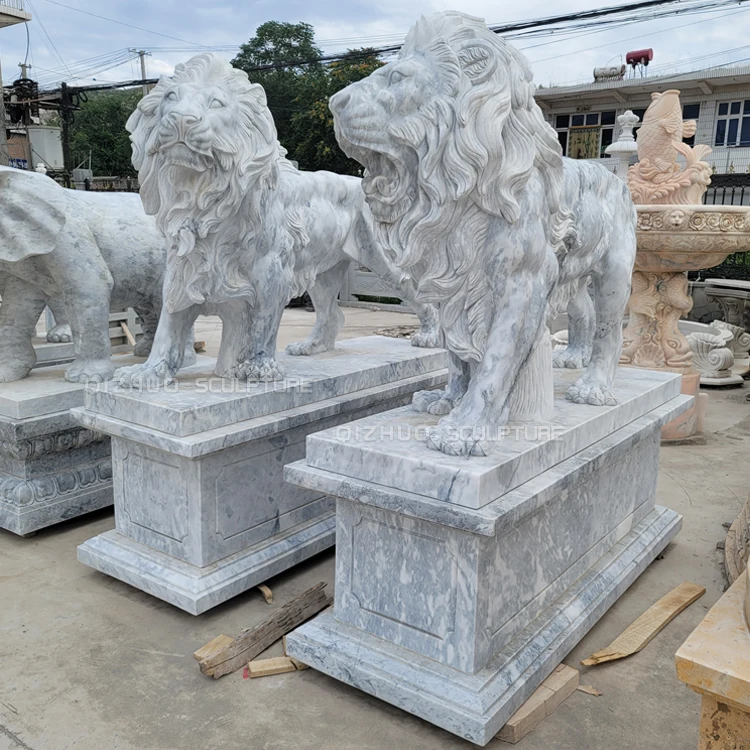 Large Size Outdoor Hand Carving Animal White Marble Sitting Lion Stone Statue Sculpture for Entrance