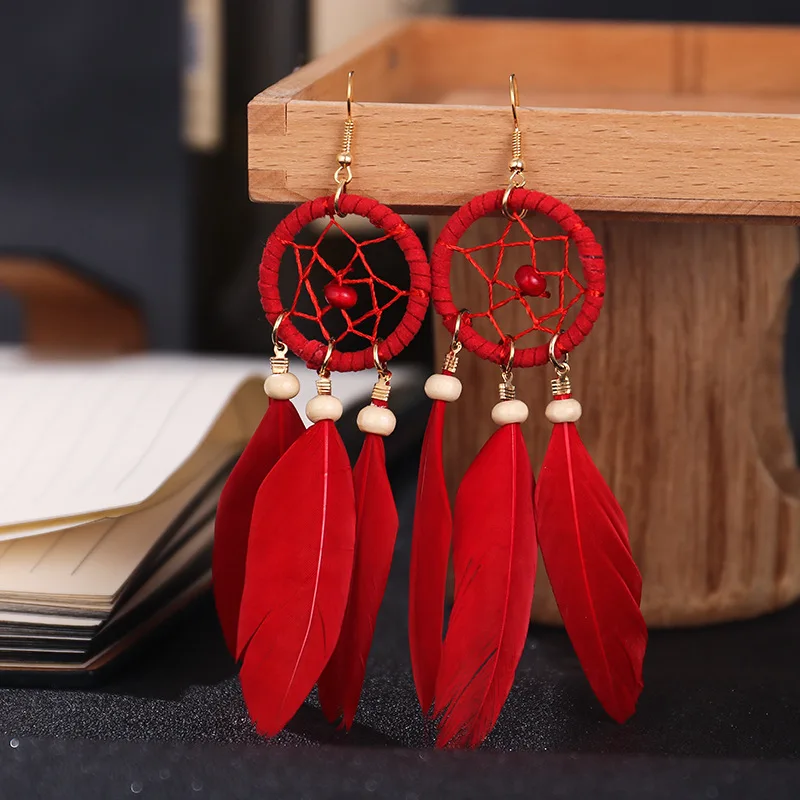 Bohemian Dreamcatcher feather long handmade retro fantasy tassel dream catcher earrings