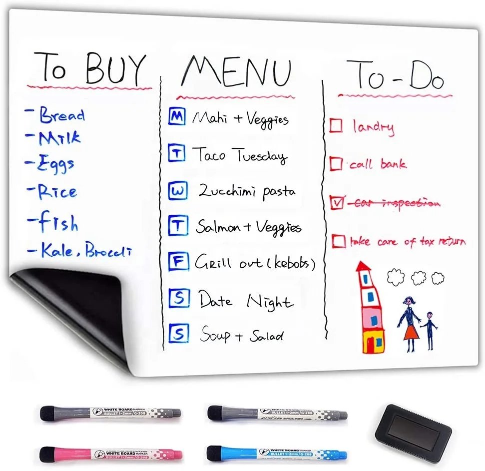 myway Magnetic Fridge Whiteboard Daily Weekly Planner with Meal Shopping List Reminder Calendar Memo Board for Home Kitchen Use