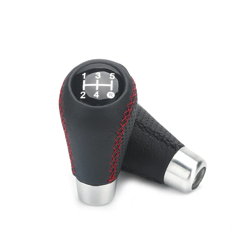 5 Speed Shift Handle Black Leather Red Line Real Leather Car Gear Shift Knob
