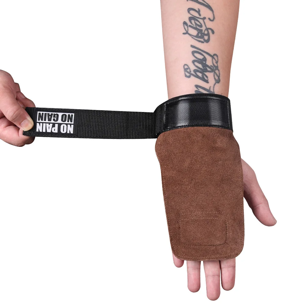 Custom High Quality Gym Fitness Cowhide Hand Palm Protector Weight Lifting Grips with Wrist Strap