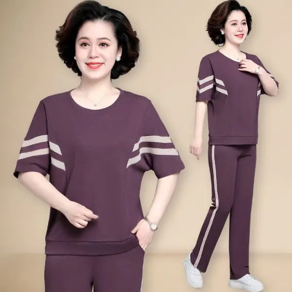 Middle-aged and elderly sports suit female summer 2021 new western-style mother wear fat MM large size wide wife two-piece suit