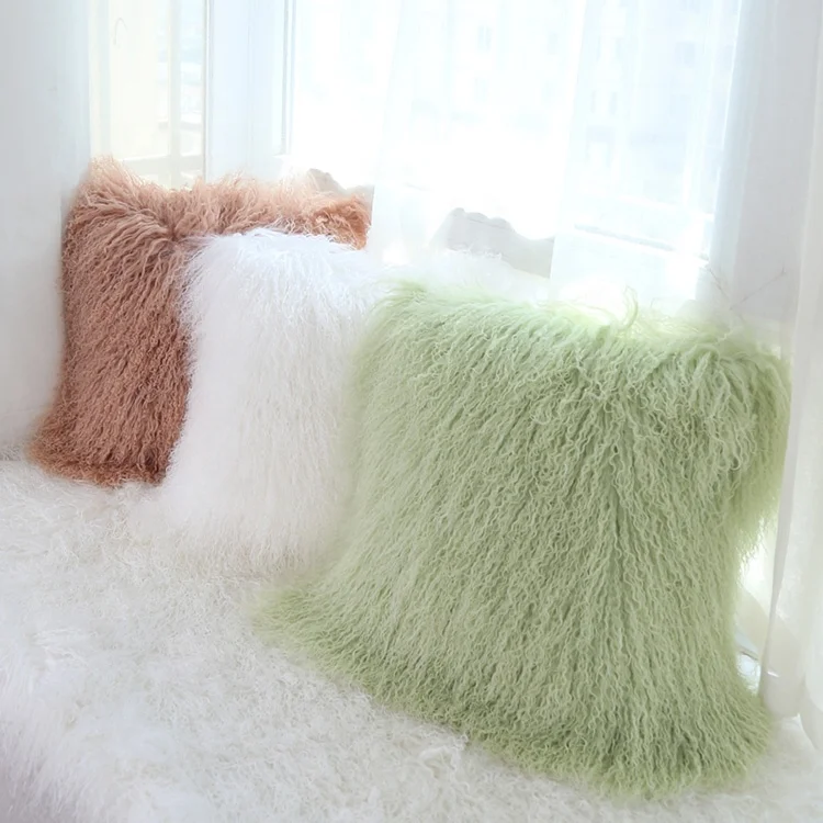 wholesale 100% Real Mongolian lamb fur cushions long soft curly hairs tibet lamb fur pillow