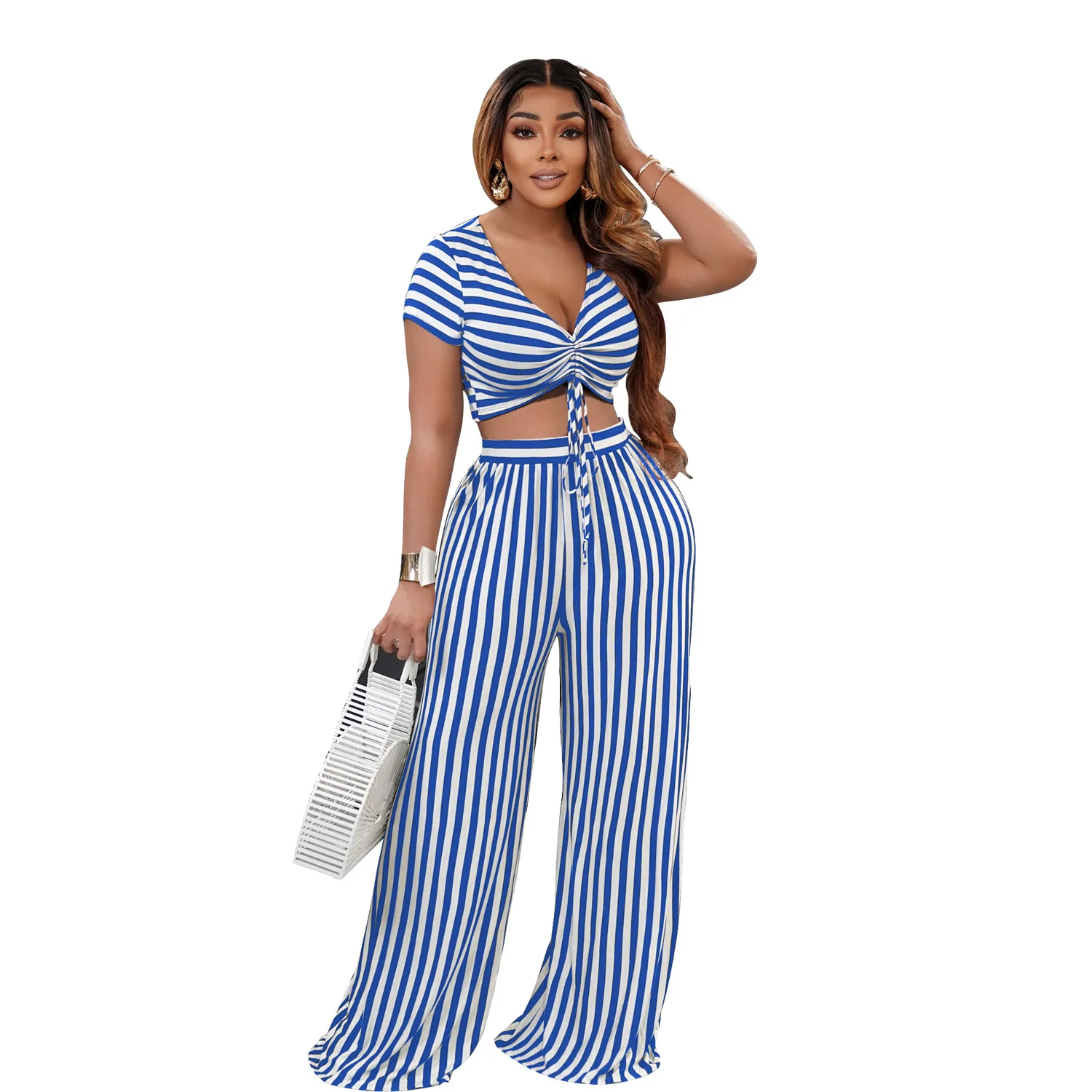 Striped Print V-Neck Loose Short Sleeve Cropped Top and Wide Leg Pants Two Piece