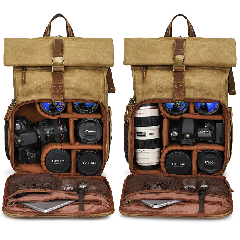 Quick Side Acess Vintage Rolltop Rucksack Oil Wax Canvas Camera Bag Backpack for dslr and Laptop Camcorders