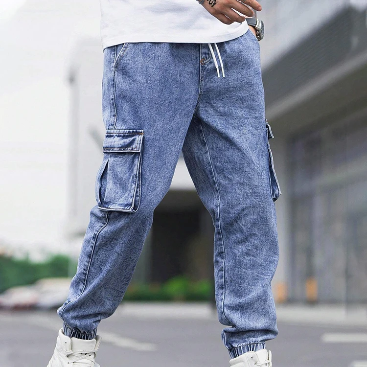Custom Men Cotton Drawstring Waist Flap Pocket Wide Leg Acid Wash Cargo Jogger Jeans Pants Men