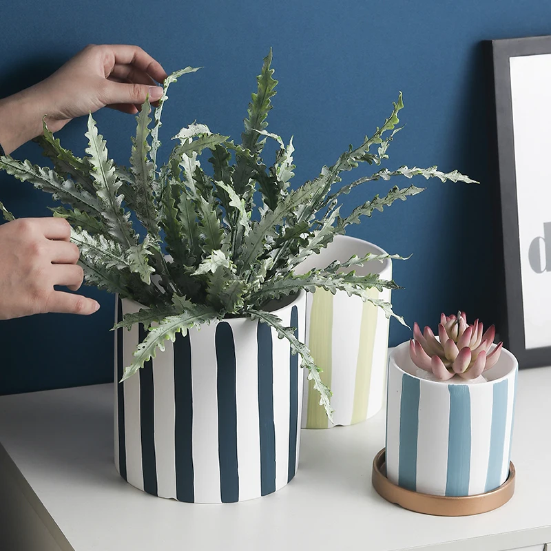 Wholesale home decoration cylinder shape hand drawing european flowerpot custom ceramic plants succulent pot with saucer