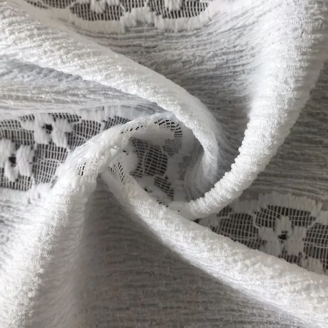 Lightweight White Embroidered Floral 95% Recycled Polyester Jacquard Stretch Mesh Knit Lace Fabric For Women