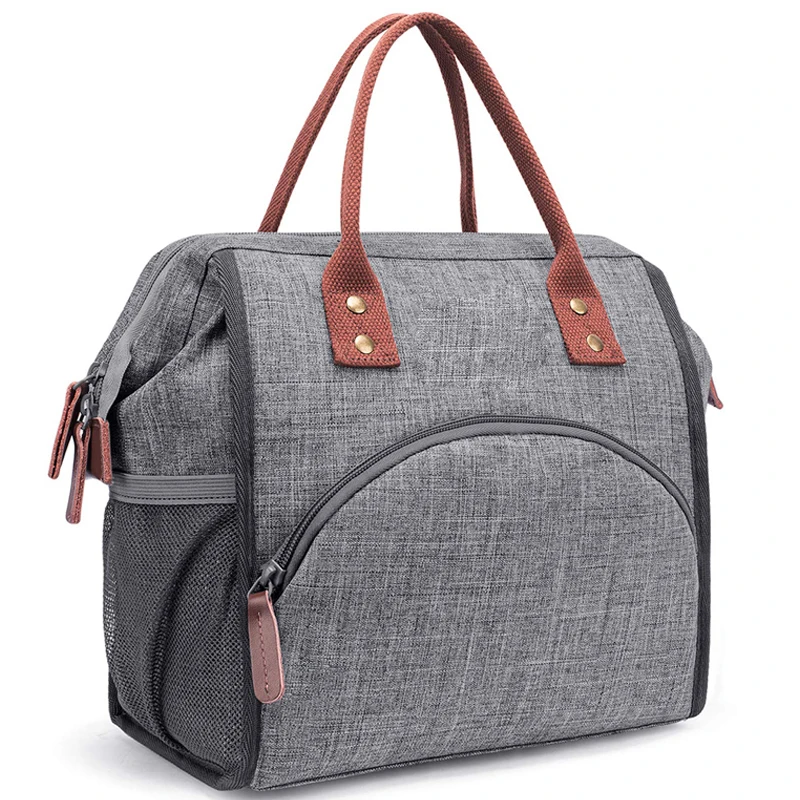 Custom Gray Wide-Open Durable Nylon Lunch Tote Bag Lunch Organizer Bag