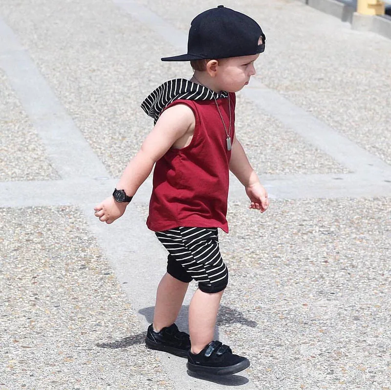 Summer baby boy clothes sleeveless hooded tops striped shorts pant 2pcs outfits casual clothing set