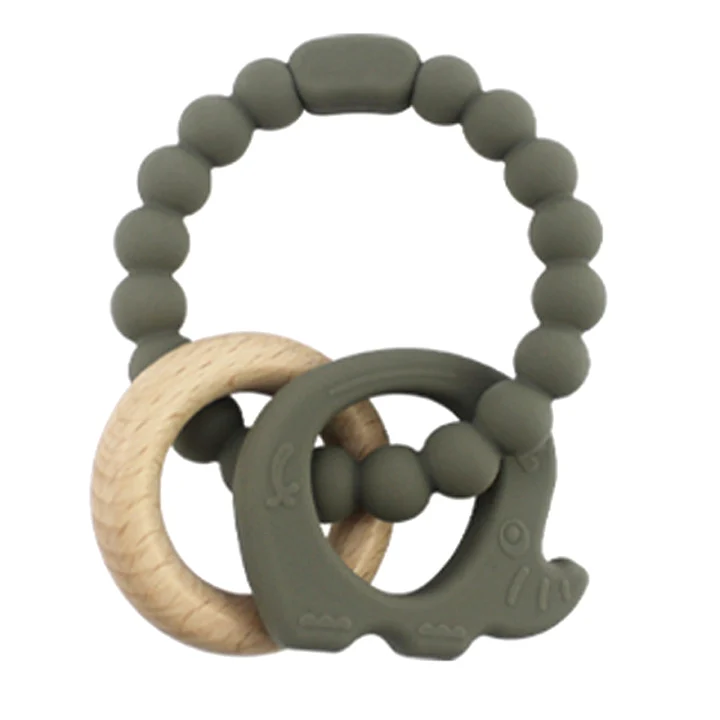 BPA Free Silicone Beads With Wood Ring Durable Three In One Baby Teething Toys