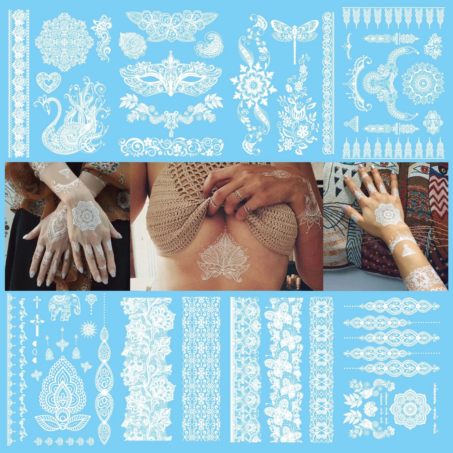 White Lace Wedding Temporary Henna Tattoo Hand Design For Women Girls Adult Black Sexy Finger Hand Tattoo Stickers