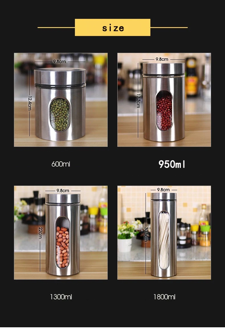 Kitchen Use Tea Coffee Sugar Pasta Wide Mouth Storage Jars Glass Stainless Steel Canister With Glass Window For Kitchen Counter