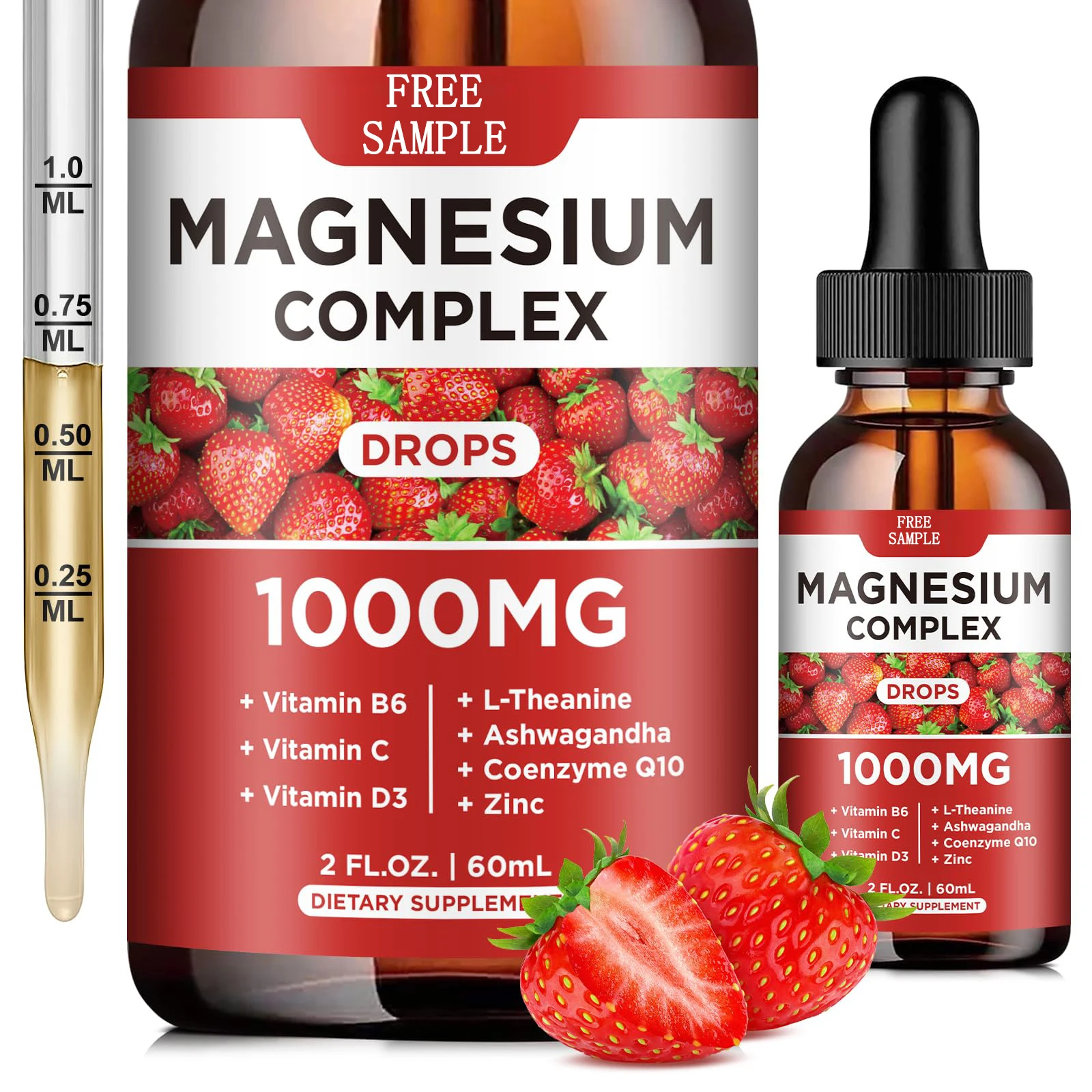 Liquid Ashwagandha Magnesium Citrate Supplement Drops Oral Dosage with Calcium Zinc Vitamin D3 B6 B12 CoQ10 Potassium Magnesium