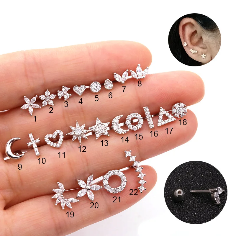 Wholesale price gold plated mini cubic zirconia moon star heart sun stainless steel ball screw stud earrings