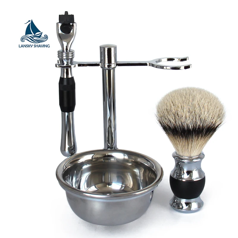 High Quality Synthetic Hair Shaving Brush kits razor stand Set with Metal bowl for Men