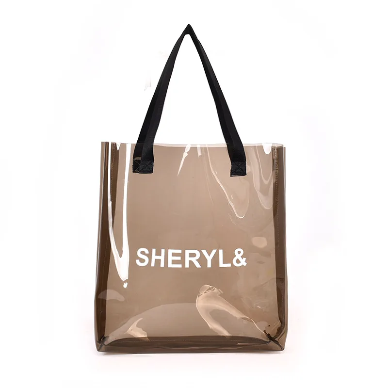 Fashionable Neon Black Custom Logo Transparent Waterproof Beach PVC Shopping Tote Bag