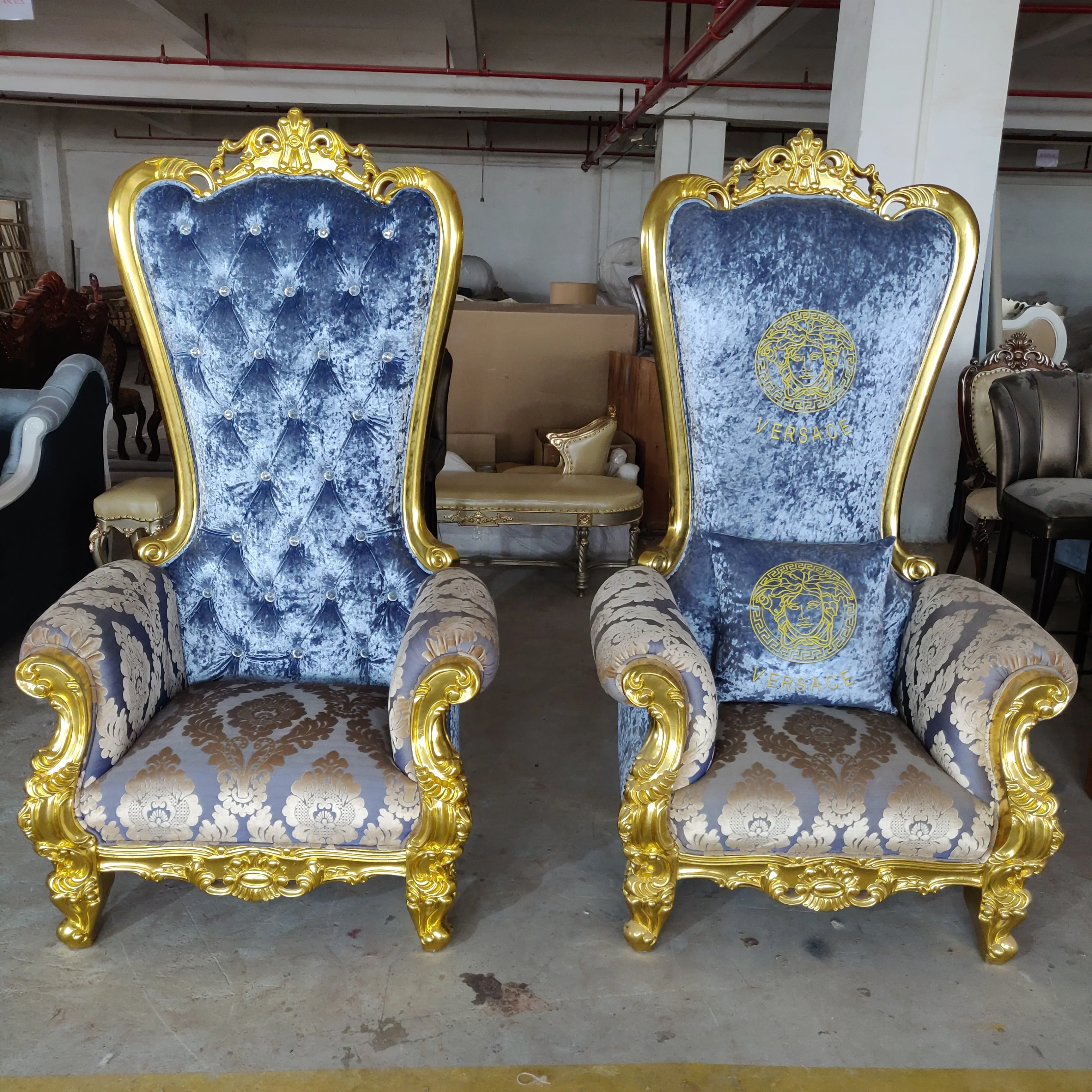 Wood Wed Color Customized Wooden Gold Single Chair Wedding Sofa Velvet Hotel high Back Cheap Carved king