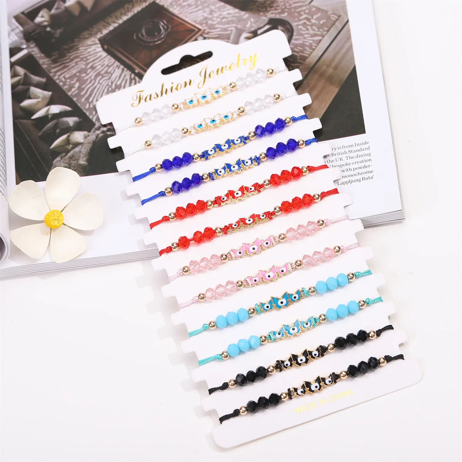 Hot selling butterfly Evil Eye Bracelet Adjustable hand-woven lucky bracelet colorful crystal beaded bracelets
