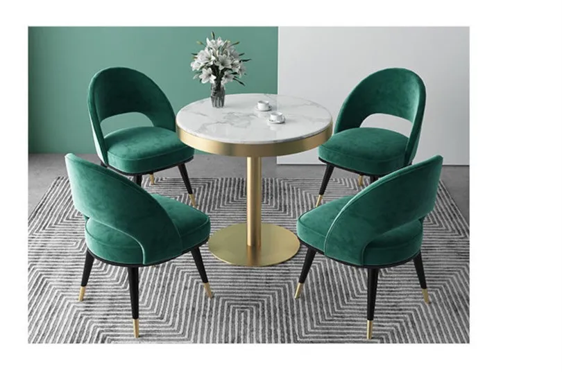  Роскошный дизайн Ресторан современная ткань обеденный зеленый бархат стулья с золотыми ножками стол набор