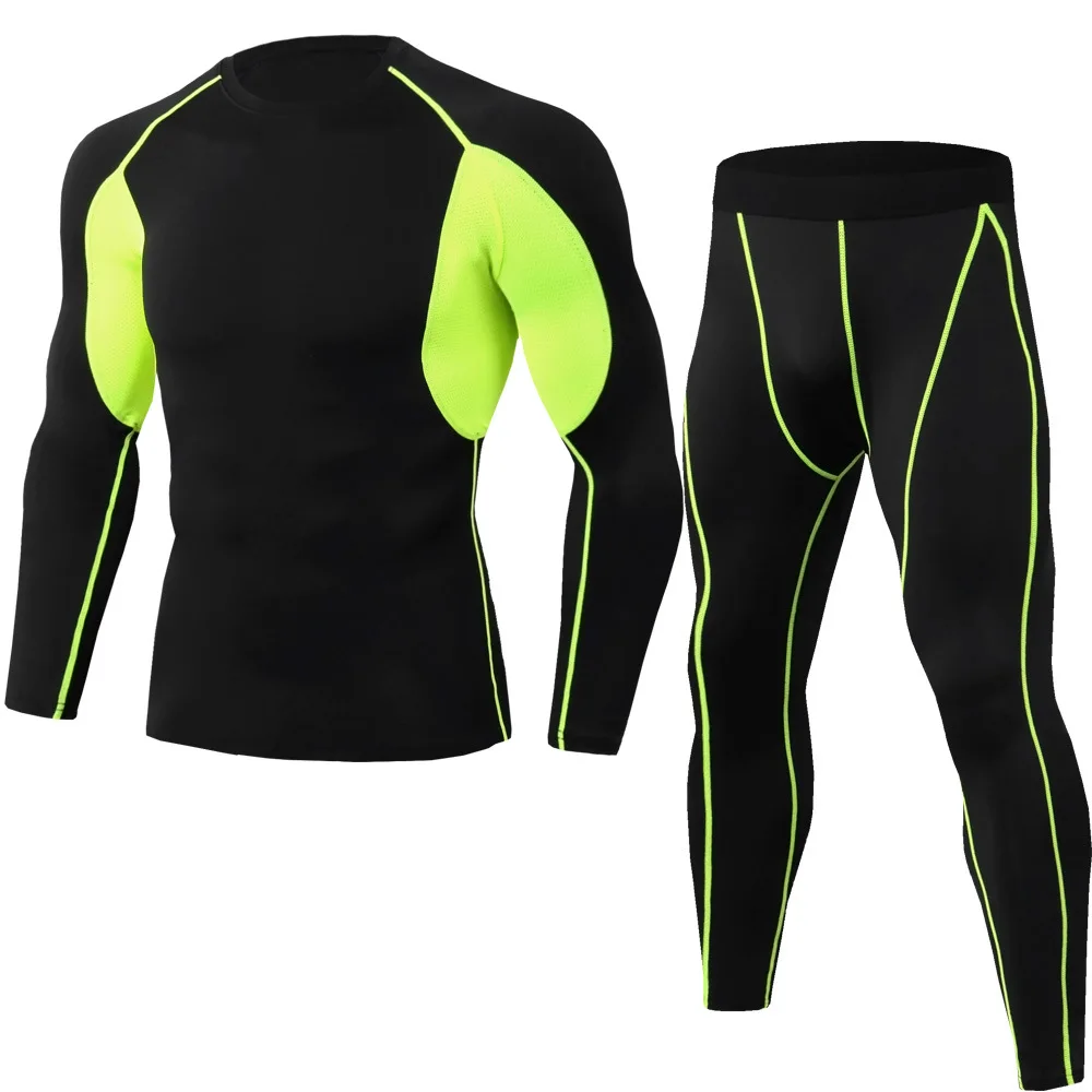 Training Bodybuilding Sport 2 Piece Pants Compression Pants Long-Sleeve T-Shirt Compression Short Tights Men Set