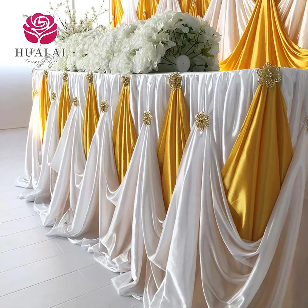 high quality Luxury Fashion Design long table gold pooling icy silk beautiful table skirt skirting for wedding