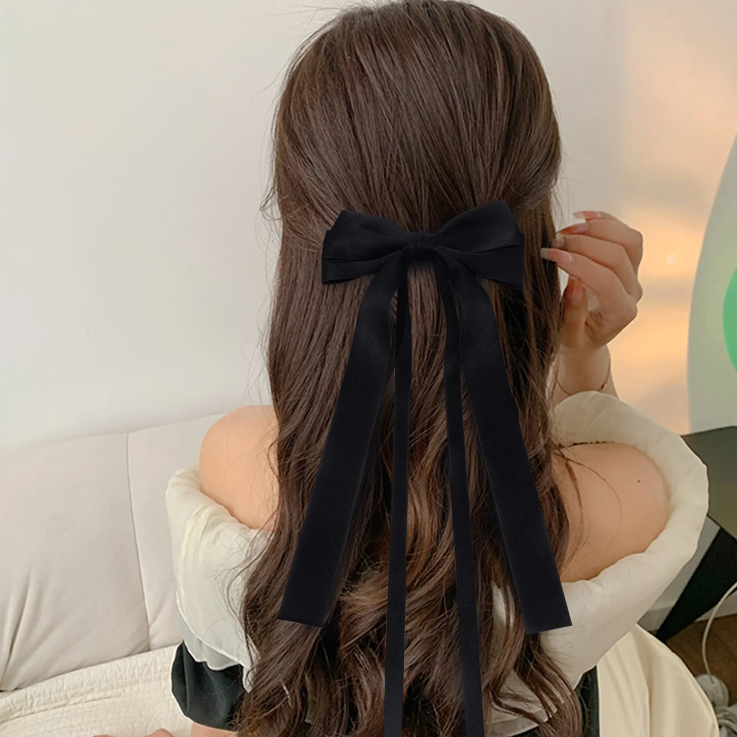 Factory Directly Selling Bows Duckbill Hair Clip Double Layer Polyester Fabric Long Ribbon Hair Bows For Girls Accessories