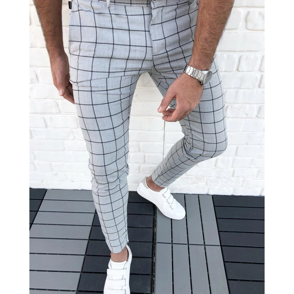 XINBO 2022 Gray Print Plaid Stretch Man Trousers Skinny Custom Wholesale Slim Fit Chino Casual Long Pants For Men