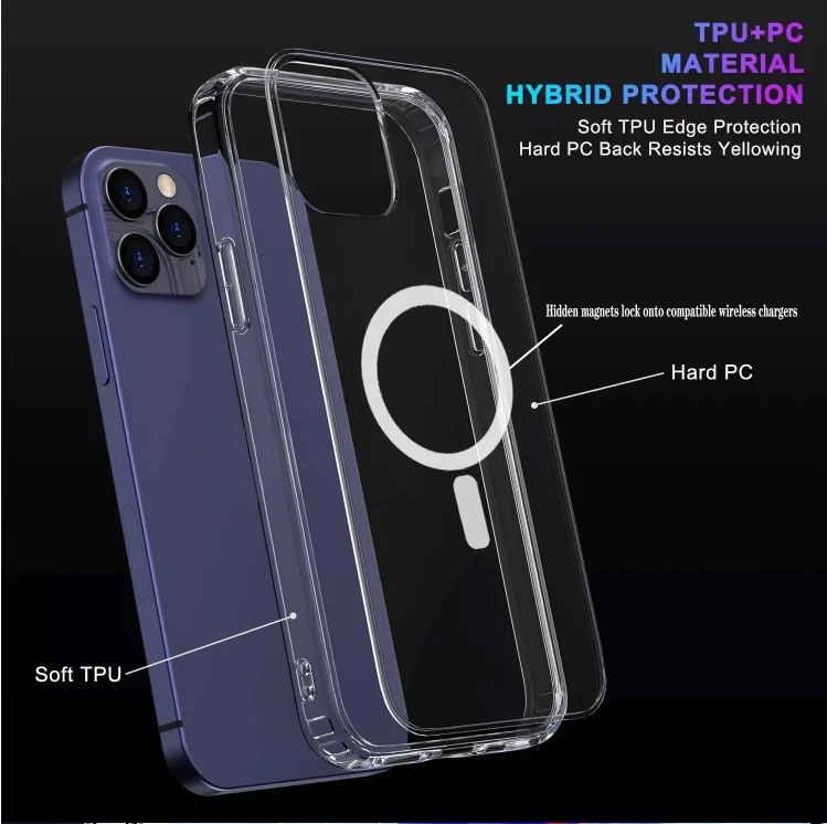 High Quality TPU PC Wireless Charging Anti Yellowing Crystal Clear Magnetic Phone Case Bayer for iPhone 13 Pro Max Magnetic Case