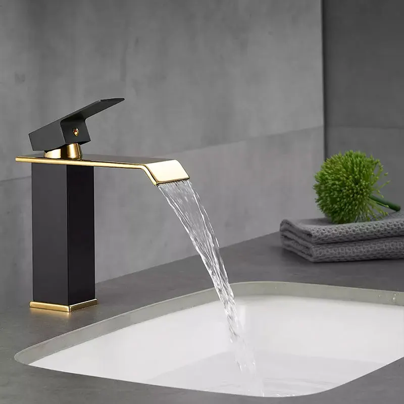 Luxury black and golden basin faucet modern deck mounted waterfall bathroom mixer faucet