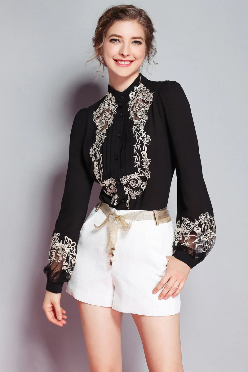 Made In China Latest Design Spring Autumn Slim Long Sleeve Lapel Black Casual Fashion Custom Print Ladies Blouses And Tops