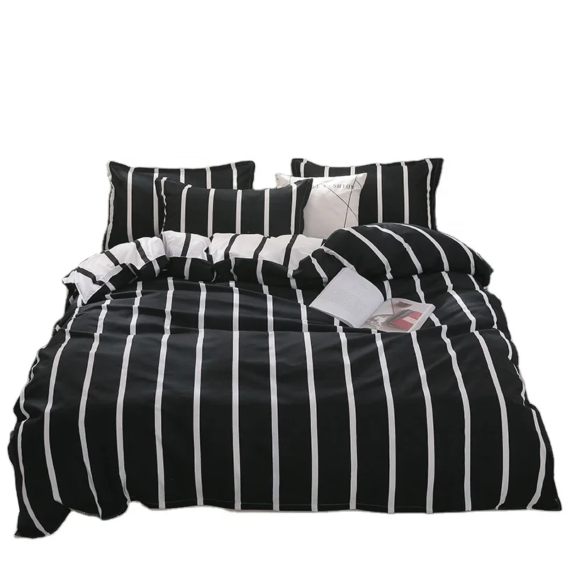 
Nantong Factory Cheap 4pcs Black White Stripe Double Queen King Size Bed Sheet Duvet Cover Bedding Set 