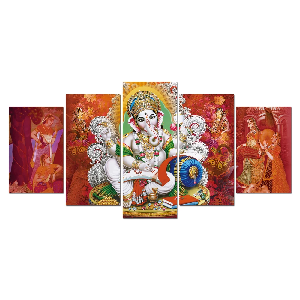 Custom Stretched Canvas Art Prints Indian God Nose Elephant Artwork 5 Panels Wall Art Picture Oil Paintings Canvas Painting