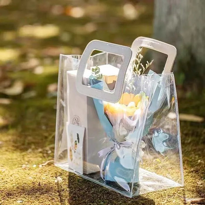 Custom  low MOQ clear logo print small transparent PVC bag  with Different Handle Shape
