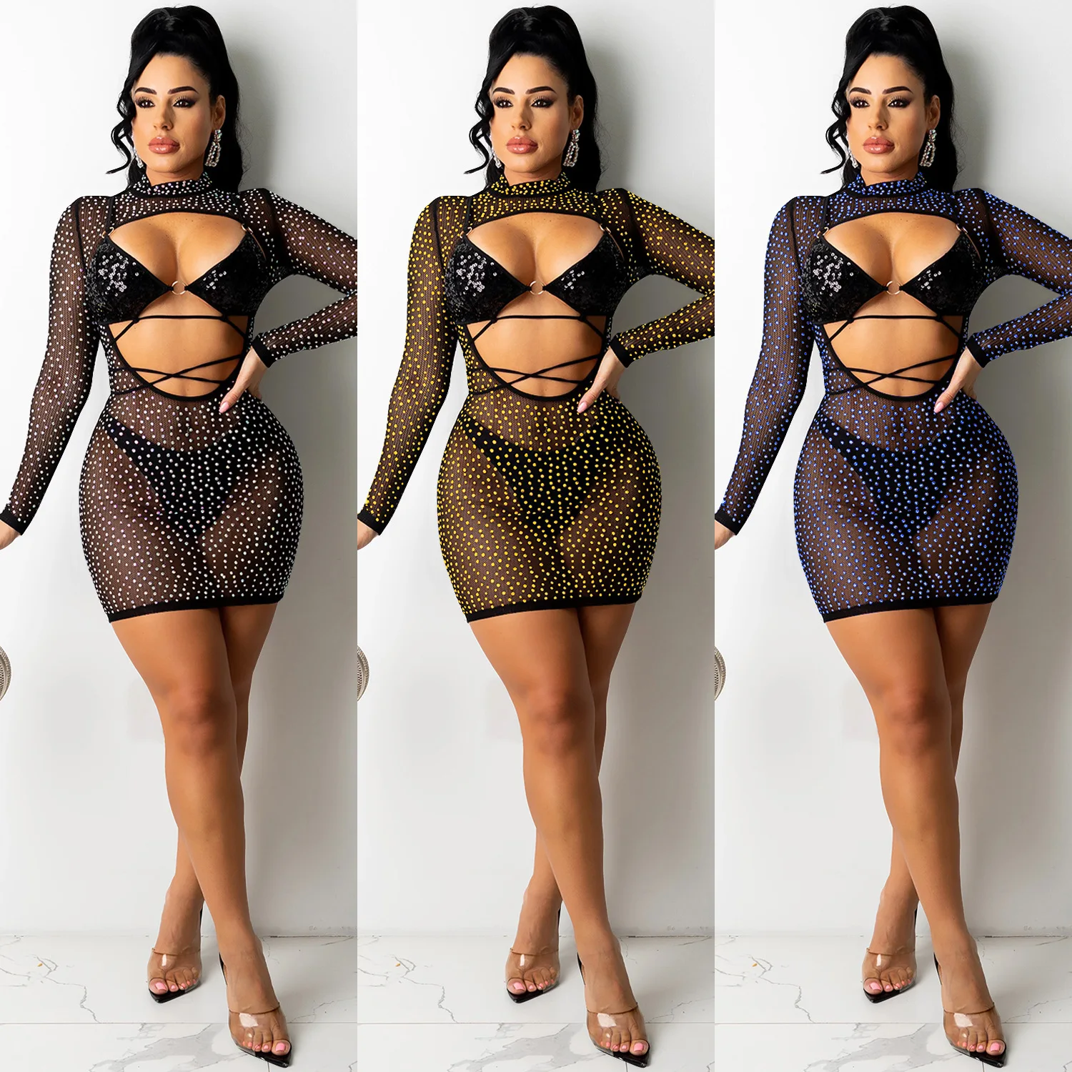 
New fashion European and American style nightclub hot drilling sequin mesh sexy women clothing lace-up cutout two-piece set 