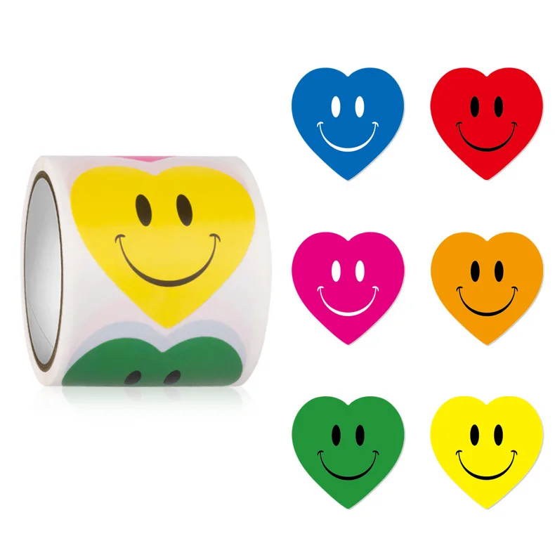 High Quality Label Self Adhesive 1 inch Colorful Smile Heart Thank you Stickers 500 Roll For Seal