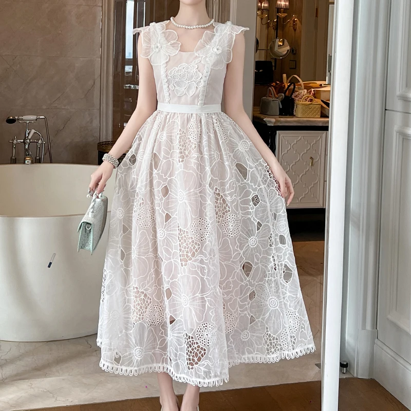 ZYHT 15152 Hollow out White Appliqued Elegant Simple Floral Casual Maxi Lace Prom Ball Gown Wedding Guest Dress for Women