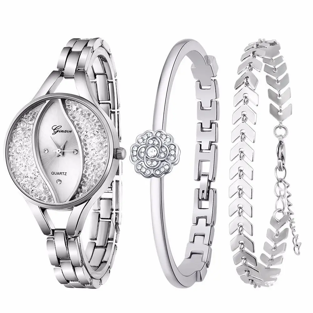 Luxury Ladies Watch Iced Out Watch Quartz Crystal Diamond Classic Fashion Romantic Jewelry Cuff Bracelet Watch Set